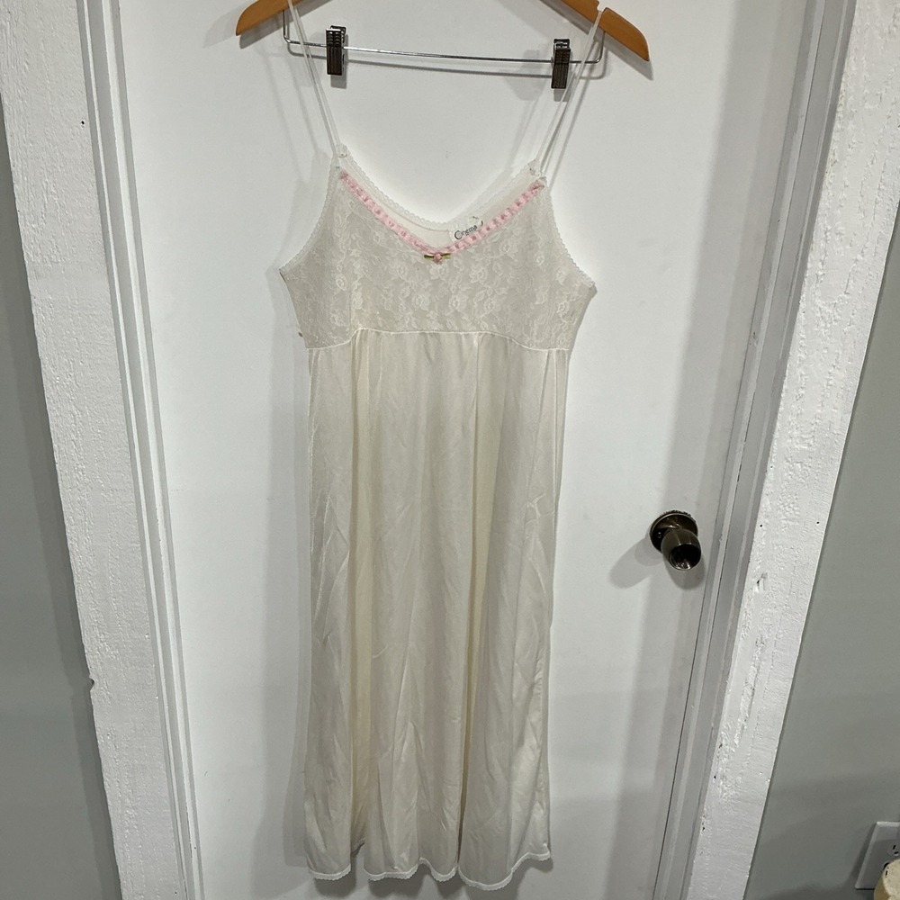 Cinema Etoile Nylon Slip Dress, Lace Bust, Cream, Medium, Made In USA, Coquette